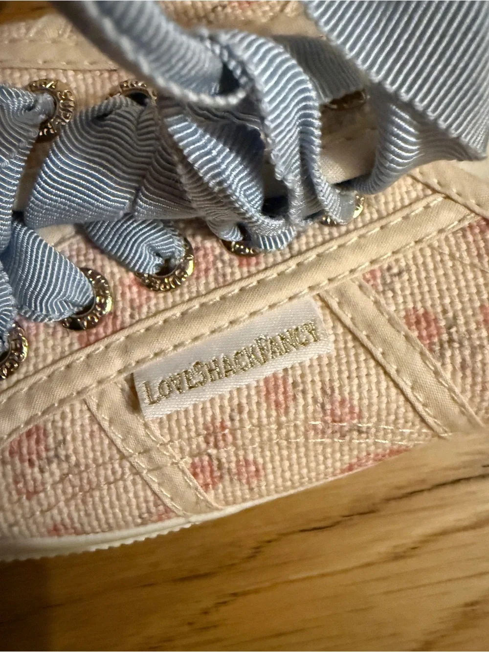LoveShackFancy Cream and Pink Floral Low-Top Sneakers with Light Blue Laces